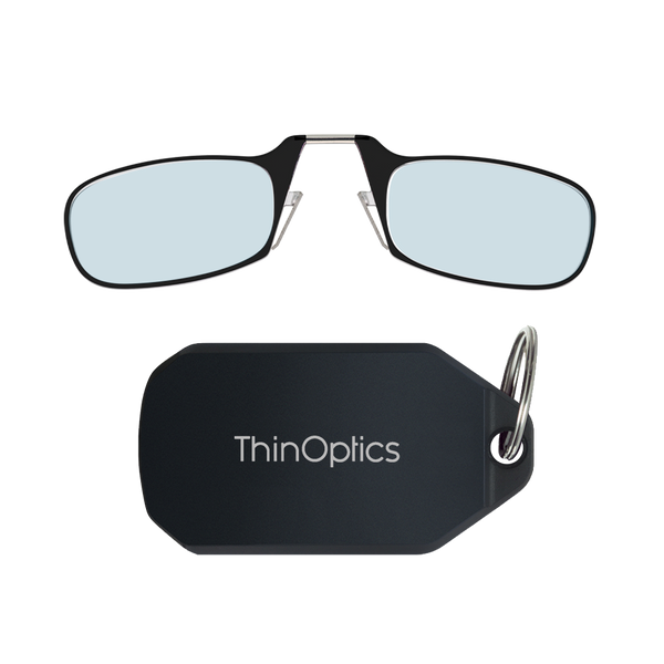 black Moment blue light blockers with black keychain