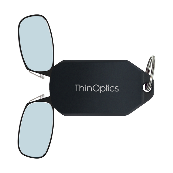 black Moment blue light blockers with black keychain