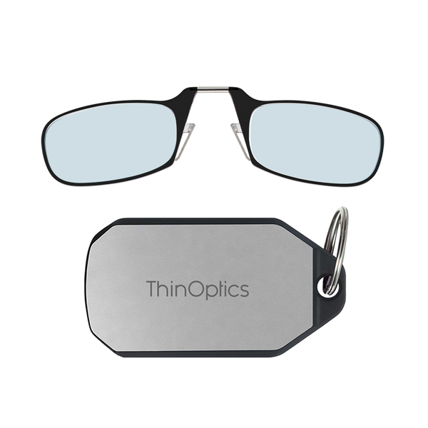 black Moment blue light blockers with silver keychain