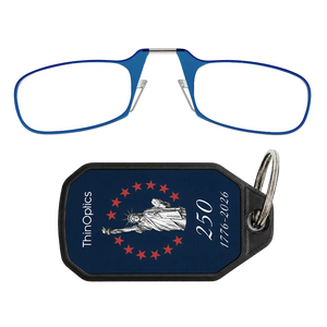 blue readers with navy Lady Liberty Commemorative keychain case