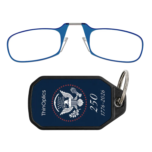 blue readers with navy Presidential Commemorative keychain case