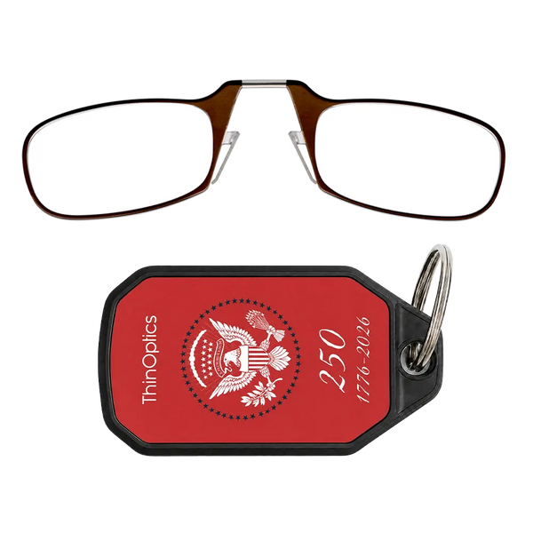 brown readers with red Presidential Commemorative keychain case