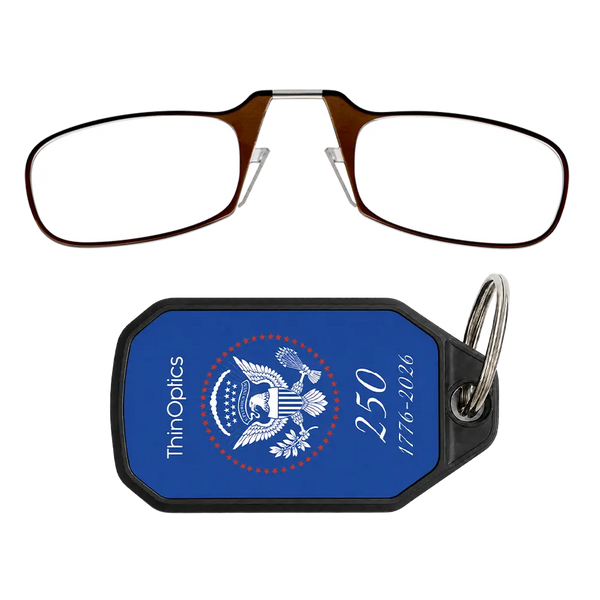 brown readers with navy Presidential Commemorative keychain case