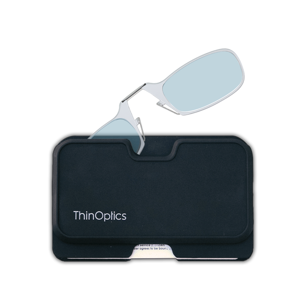 clear Moment Blue Light Blockers with black magnetic pod wallet case