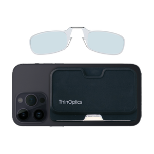 clear Moment Blue Light Blockers with black magnetic pod wallet case