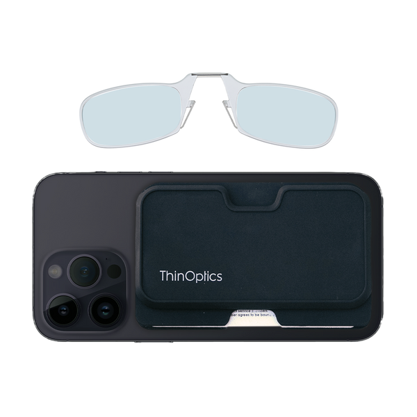 clear Moment Blue Light Blockers with black magnetic pod wallet case