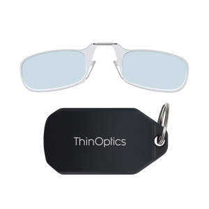 clear Moment blue light blockers with black keychain