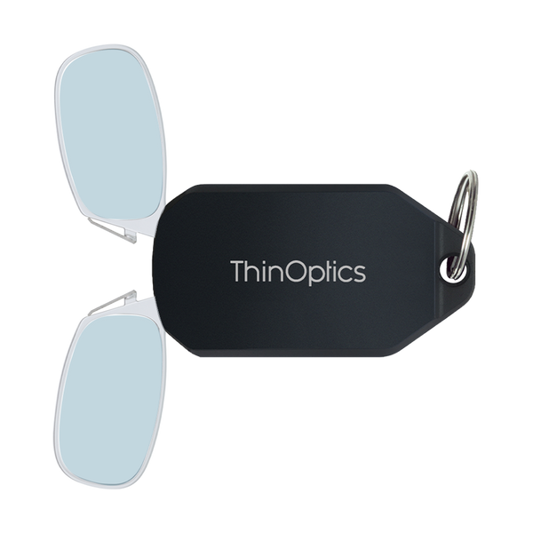 clear Moment blue light blockers with black keychain