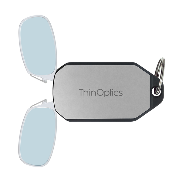 clear Moment blue light blockers with silver keychain