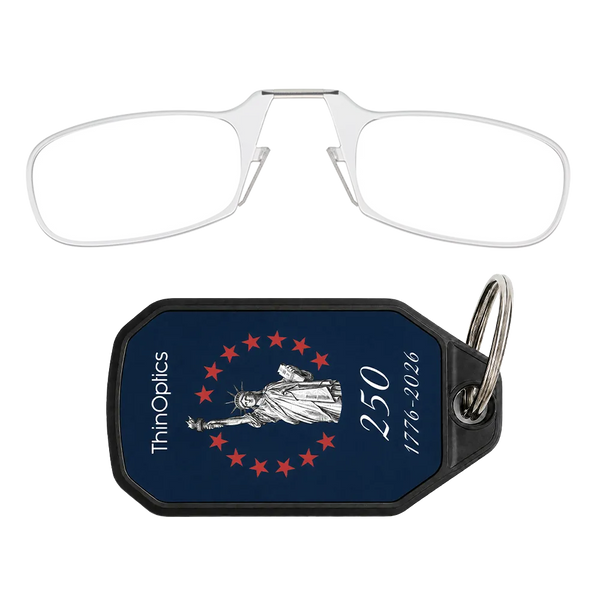 clear readers with navy Lady Liberty Commemorative keychain case