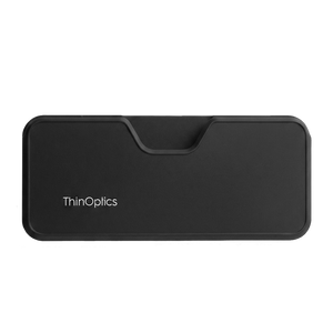 Front view of black ThinOptics case with 'ThinOptics' branding on a white background