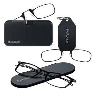 ThinOptics Brooklyn Essential Kit in black — armless readers with Universal Pod and keychain case, plus Brooklyn full-frame readers with slim Milano oval case