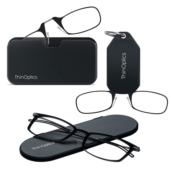 ThinOptics Brooklyn Essential Kit in black — armless readers with Universal Pod and keychain case, plus Brooklyn full-frame readers with slim Milano oval case