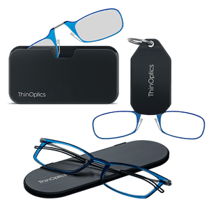 ThinOptics Brooklyn Essential Kit in blue — armless readers with Universal Pod and keychain case, plus Brooklyn full-frame readers with slim Milano oval case