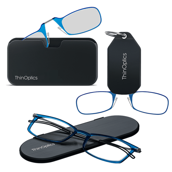 ThinOptics Brooklyn Essential Kit in blue — armless readers with Universal Pod and keychain case, plus Brooklyn full-frame readers with slim Milano oval case