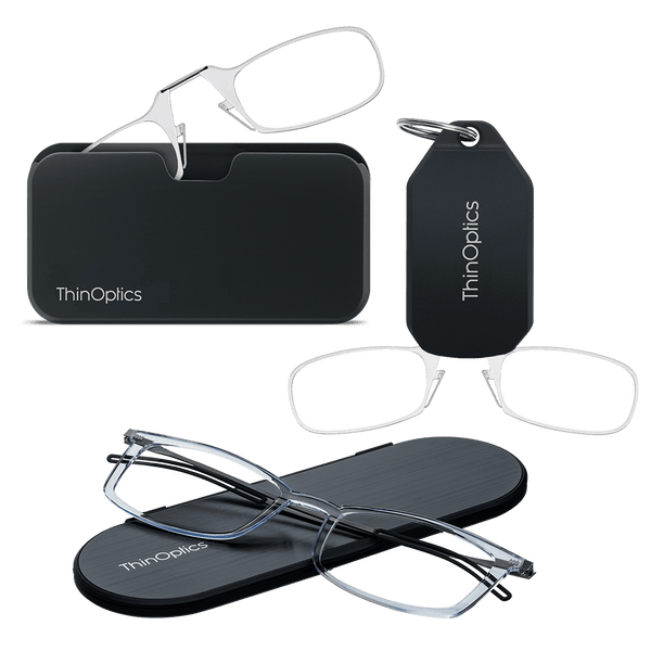 ThinOptics Brooklyn Essential Kit in clear — armless readers with Universal Pod and keychain case, plus Brooklyn full-frame readers with slim Milano oval case