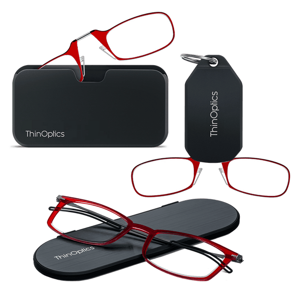 ThinOptics Brooklyn Essential Kit in red — armless readers with Universal Pod and keychain case, plus Brooklyn full-frame readers with slim Milano oval case