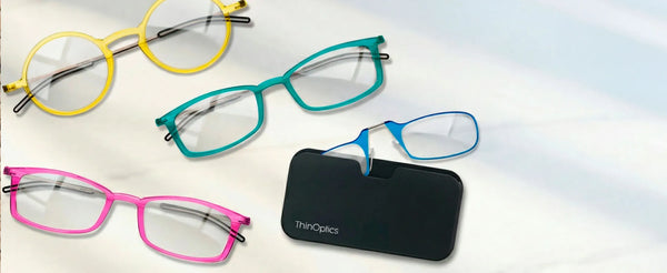 Colorful ThinOptics reading glasses with slim pocket case