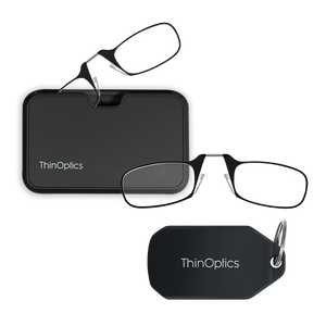 black Moment armless readers with black magnetic pod and black keychain case