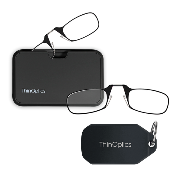 black Moment armless readers with black magnetic pod and black keychain case