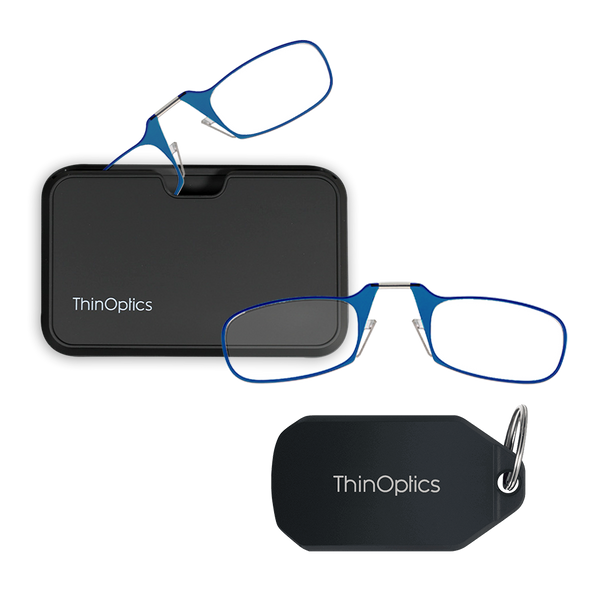blue Moment armless readers with black magnetic pod and black keychain case