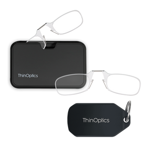 clear Moment armless readers with black magnetic pod and black keychain case