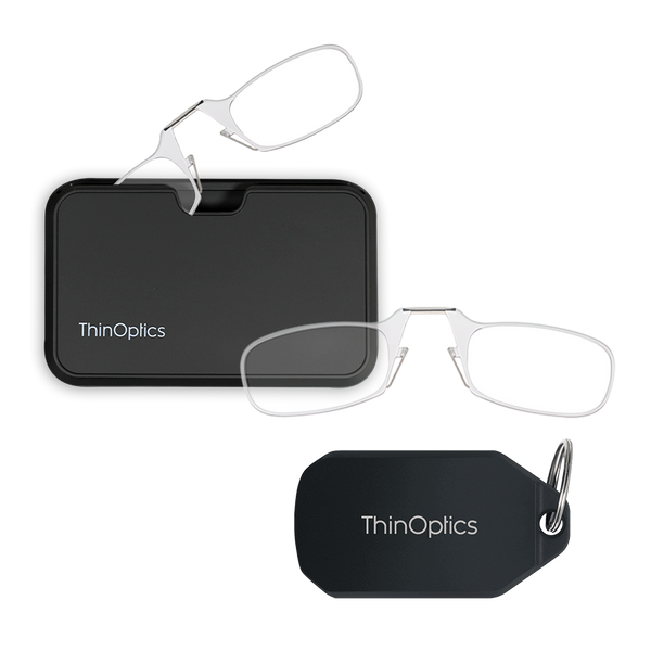 clear Moment armless readers with black magnetic pod and black keychain case