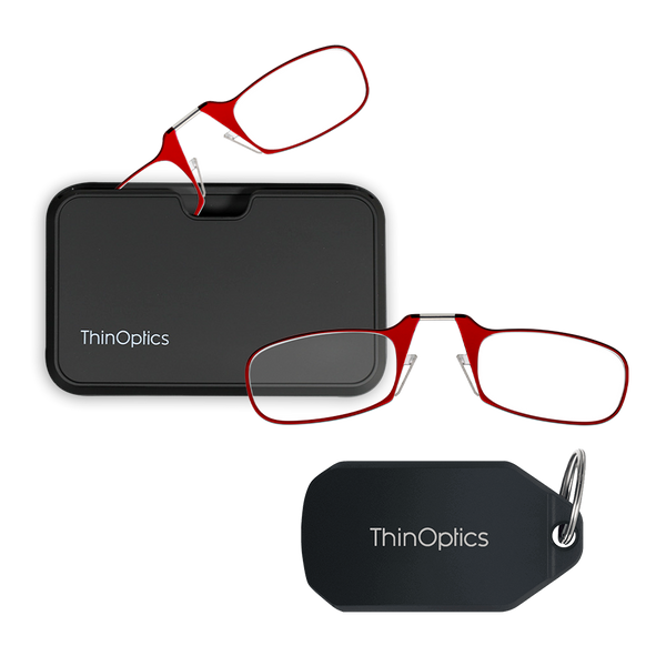red Moment armless readers with black magnetic pod and black keychain case