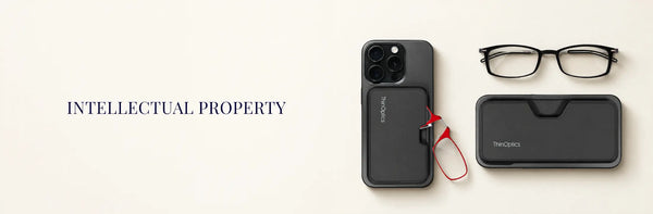 ThinOptics Intellectual Property banner featuring red armless readers in a MagSafe phone case, black rectangle glasses, and black Pod case