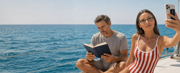 Man wearing ThinOptics glasses reading a book while a woman in a striped swimsuit takes a selfie on a sailboat deck