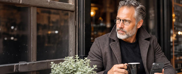 Stylish middle-aged man wearing ThinOptics black rectangle reading glasses holding a coffee cup outside a café, holding his phone
