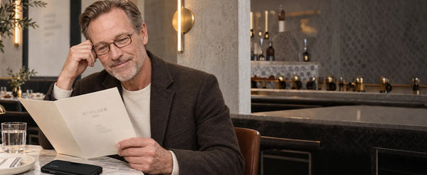 Smiling man wearing ThinOptics black rectangle reading glasses reading a menu at a marble table in an upscale restaurant with a ThinOptics pod case nearby