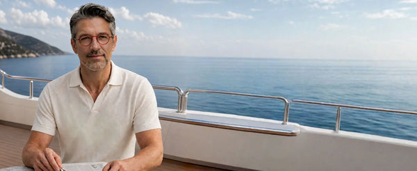 Man wearing ThinOptics red reading glasses relaxing on a yacht deck with a calm blue ocean in the background
