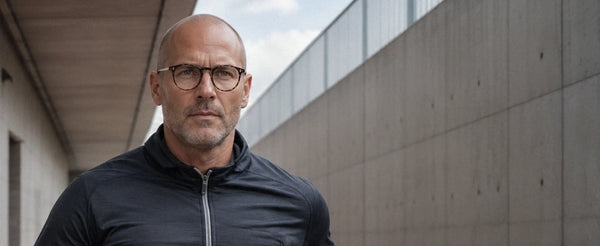 Man wearing ThinOptics tortoise round reading glasses in an athletic zip jacket standing in front of a concrete wall outdoors