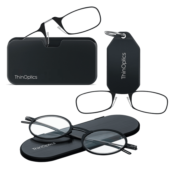 ThinOptics Manhattan Essential Kit in black — armless readers with Universal Pod and keychain case, plus Manhattan full-frame readers with slim Milano oval case