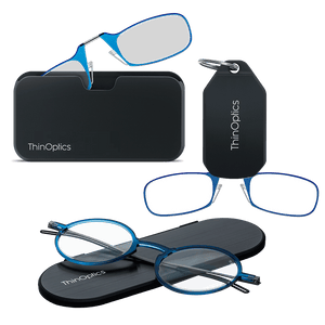 ThinOptics Manhattan Essential Kit in blue — armless readers with Universal Pod and keychain case, plus Manhattan full-frame readers with slim Milano oval case