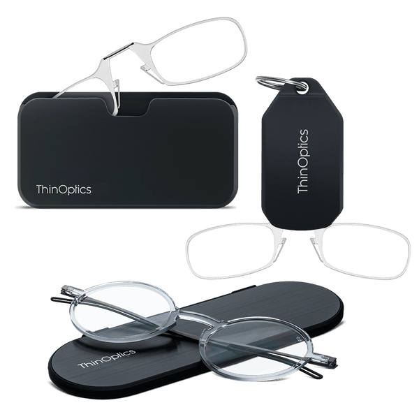 ThinOptics Manhattan Essential Kit in clear — armless readers with Universal Pod and keychain case, plus Manhattan full-frame readers with slim Milano oval case
