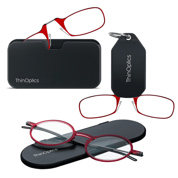 ThinOptics Manhattan Essential Kit in red — armless readers with Universal Pod and keychain case, plus Manhattan full-frame readers with slim Milano oval case