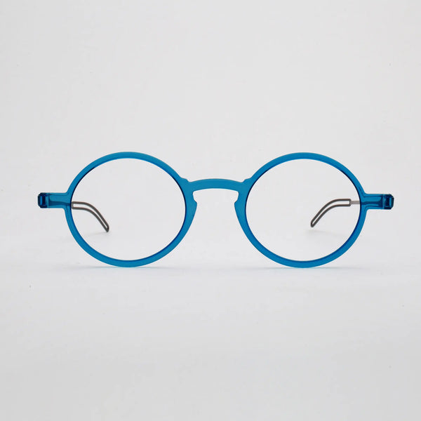 ThinOptics Manhattan Rx Glossy dark blue round prescription glasses, front view on white background