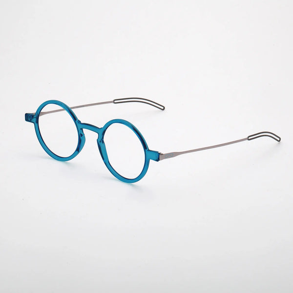 ThinOptics Manhattan Rx Glossy dark blue round prescription glasses at a three-quarter angle on white background