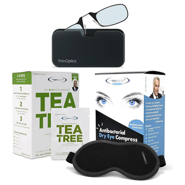 ThinOptics Moment blue light blocking readers with Pod case bundled with The Eye Doctor Dry Eye Compress, eye mask, and Tea Tree lid wipes