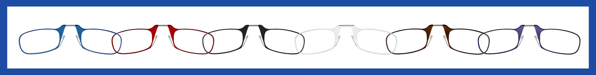 ThinOptics Moment reading glasses shown in all available colors: blue, red, black, clear, brown, and purple