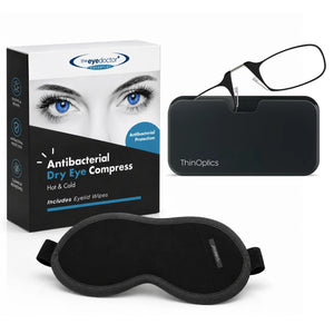 ThinOptics Moment black armless readers with black Pod case bundled with The Eye Doctor Antibacterial Dry Eye Compress and eye mask