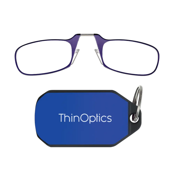 ThinOptics purple armless reading glasses above a royal blue keychain case on a white background