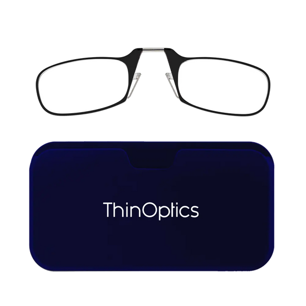 ThinOptics black armless reading glasses with navy blue Universal Pod case