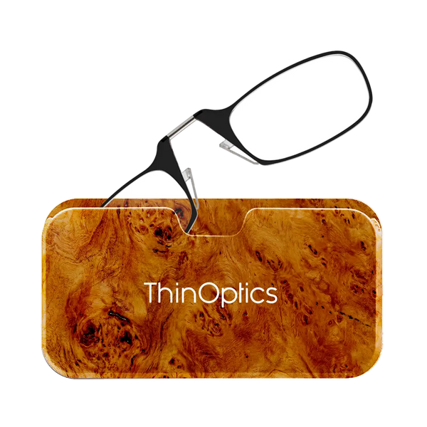 ThinOptics black armless reading glasses with burlwood Universal Pod case