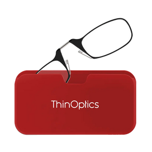 ThinOptics black armless reading glasses with red Universal Pod case