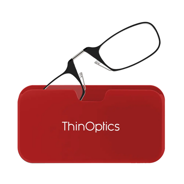 ThinOptics black armless reading glasses with red Universal Pod case