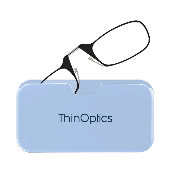ThinOptics black armless reading glasses with soft blue Universal Pod case