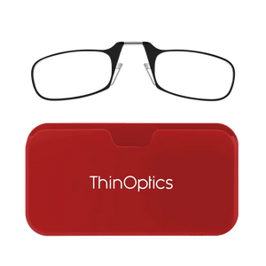 ThinOptics black armless reading glasses with red Universal Pod case
